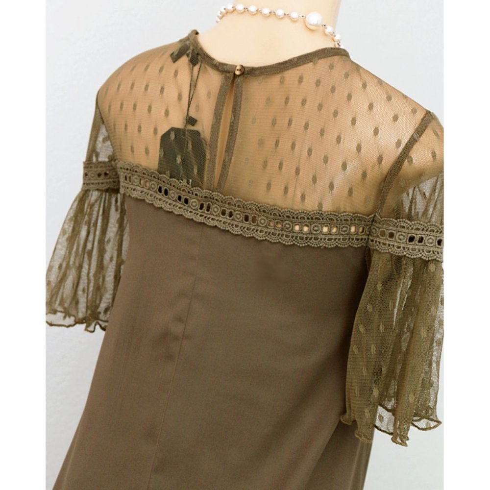 Olive Green Polka Dot Mesh Yoke Ruffle Shift Dress - Picture 4 of 8